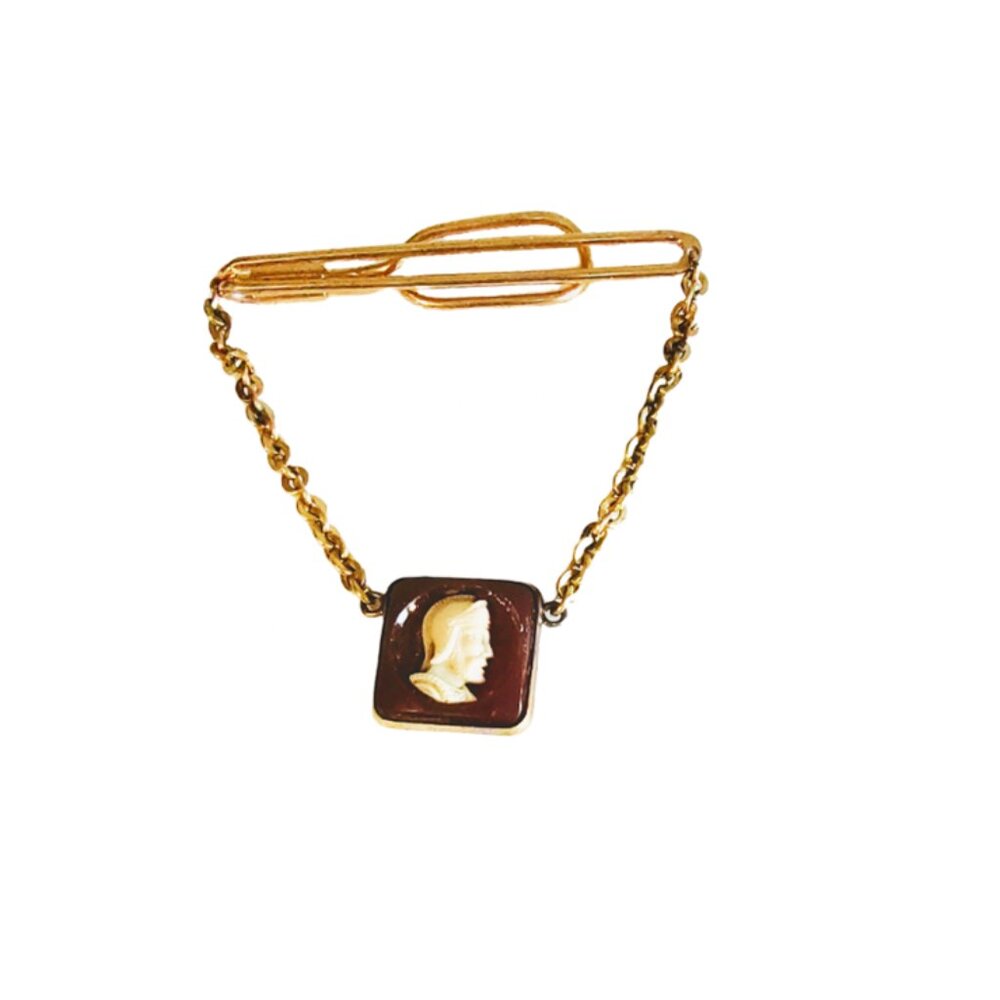1950s True Vintage Gold Chain Necktie Bar Clip With A Hanging Cameo MCM